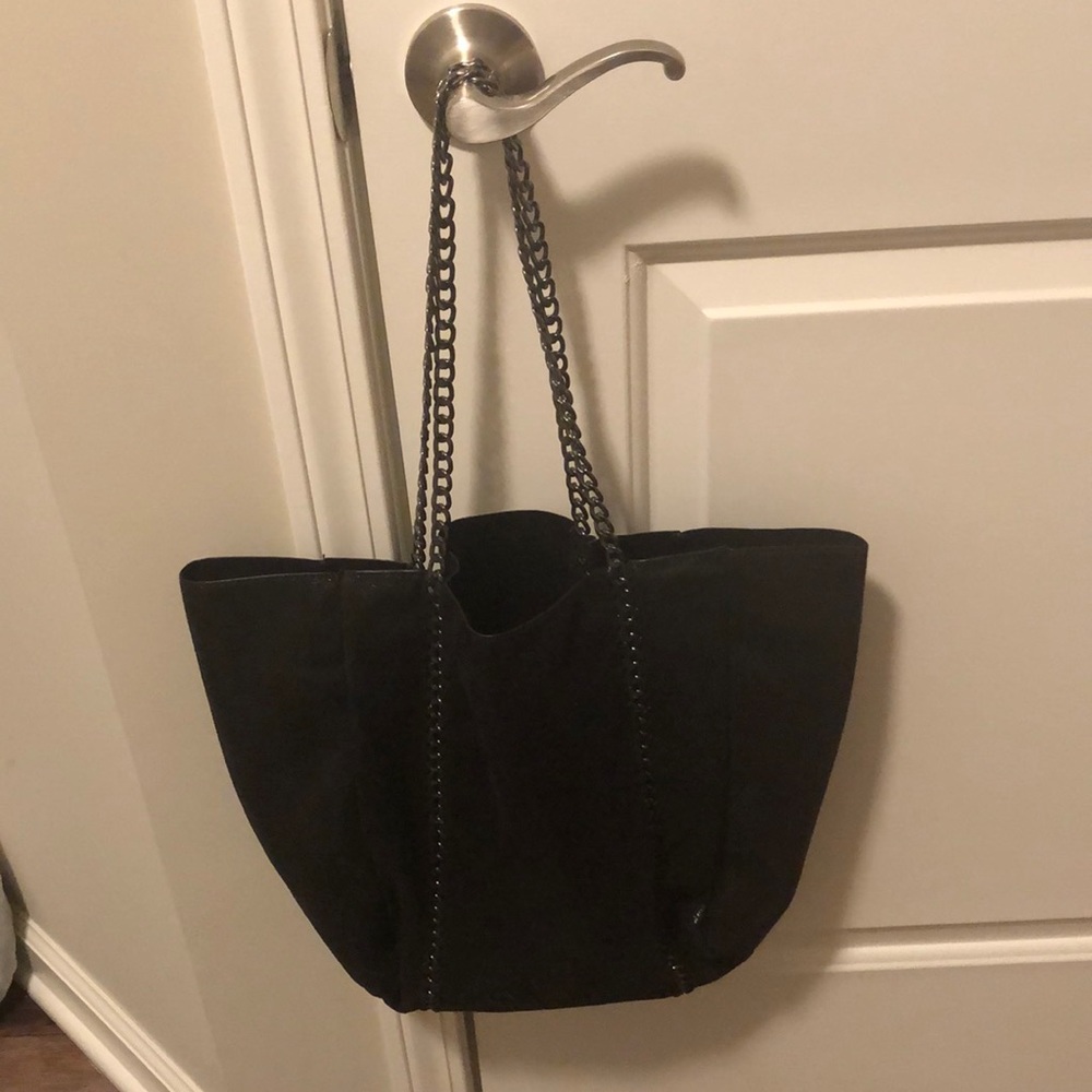 NWT black faux suede tote with chain design!